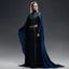 Placeholder: She stands tall, her figure draped in the traditional black robes of the Bene Gesserit. But there's something more, something unique about her attire. A glistening blue sash adorns her waist, a stark contrast against the dark fabric. It catches the eye, drawing attention to the precious resource it represents. As she moves, the sash shimmers and dances, reflecting the light like a tranquil oasis amidst the barrenness. It is a visual representation of her ability to transform scarcity into abunda