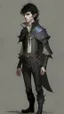 Placeholder: boy elf,he has curly, black hair and sharp cheekbones. His eyes are black. He wears fantasy medieval clothes. he is lean and tall, with pale skin, full body with boots, side view full body