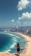 Placeholder: Woman looking down on a futuristic city with arches, skyscrapers, and arches, following the long curve of a long sandy bay with futuristic piers stretching out into the blue waters