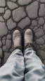 Placeholder: An old cracked feet without shoes on a cracked dry ground in grey foggy ground side view