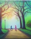 Placeholder: park mystical dream, park bench, man, woman, child, dog, trees, path, bird, sunshine, mystical, fantasy, romanticism, pastel colors, daylight, daytime, acrylic painting, detailed,