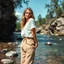 Placeholder: very beautiful lady with pant and blouse looking to camera,upper body close up in beautiful nature with river with clean water and floor with nice rocks