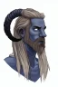 Placeholder: A tieffelin with blue skin and white Dreadlock hair. His pupil-less eyes are green. He wears a small beard. His horns are black and curved backwards. He wears a beige tunic.
