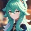 Placeholder: Clear focus,High resolution,8k, Beatiful Lighting, green ponytail fluffy hair, long fluffy bangs, cyan eyes, wearing a genshin outfit, must be wearing a short skirt, extreme close up