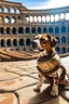 Placeholder: perro salchicha marrón con manchas con guerrero romano peleando en el coliseo