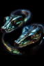 Placeholder: A two headed snake digital portrait, dark fantasy, black iridescent scales, holographic, shiny, PVC texture, wet look,