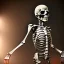 Placeholder: Smiling skeleton is photographer in studio. Big camera in hands. Photographic equipment, cameras, softboxes are in background. High detailed. Photorealistic. Scarry mood. volumetric lighting