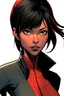 Placeholder: A woman character with a black tall wolf cut hair in Spiderman comic style