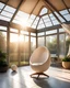 Placeholder: an egg chair hanging from the roof of a sun room with light rays shining through the windows