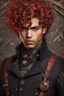 Placeholder: mulatto sorcerer male of nineteen years old, brown eyes, short wavy blood-red hair, dressed in a steampunk style