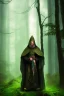 Placeholder: A powerful wizard wearing dark cloak, using magic, green magic symbols, woods, forest background, dark scene, dramatic lighting