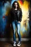 Placeholder: Full body Portrait - digital photograph, chiaroscuro, extremely colorful, vibrant, lifelike, 20th century masterpiece, rich deep colors, highly detailed portrait, beautiful, extremely gorgeous Georgie Henley wearing a black leather biker's jacket, a black "Iron Maiden" T-shirt, Blue Jeans, black Converse sneakers, absolute reality