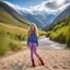 Placeholder: country side ,blue sky , mountains, pretty clouds ,small river with clear water and nice sands in floor,beautiful 18 year old girl with ash blonde hair and blue eyes with her curvy hair down, wearing a long-sleeved woollen top, and lilac long leggings, with long red boots full body standing pose shot