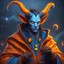 Placeholder: Tiefling with yellow-orange skin and dark orange horns wearing a wizard's robe of sky-blue and yellow buttons magic swirling all around them in the night, masterpiece, best quality, in 3d art style