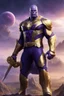 Placeholder: Thanos, the commander of the army of aliens and the king of the entire galaxy, is ready to go on a campaign with his two large swords, his very beautiful and impenetrable armor with his golden helmet, standing on top of a hill with his sword with infinity gauntlet