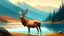 Placeholder: Elk, stag, antler, deer standing next to a lake. landscape mountains background, Digital oil painting