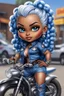 Placeholder: create an airbrush illustration of a chibi cartoon voluptuous black female wearing a blue jean outfit with biker boots. Prominent make up with hazel eyes. Extremely highly detail of a very low platinum blonde bantu knots. Background of a bike show.