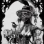 Placeholder: great illustrator, spanish, pencil sketch of a cute girl, beautiful, steampunk syle, black and white. Helmet with tubes. glasses, venetian carnival. Machinery in the background. robotic birds flying. High details.