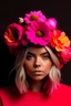 Placeholder: Frau blond mit Blumenhut rosamit stralendem Gesicht