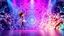 Placeholder: modern stage with a beautiful lady in modern clothing dancing, 3D recursive fractal structure animating background