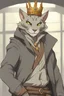 Placeholder: Studio ghibli style Male khajiit with grey fur wearing a crown and a jacket