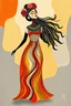 Placeholder: Contemporary Folkloric Art – Expressive Abstract Style with a Celebratory Feminine Spirit Theme: Inkan Girl Representing Harmony Style: A modern expressive approach infused with folk art influences, using bold flat colors and simplified forms. The style celebrates femininity and cultural vitality through symbolic motion and organic rhythm. Visual elements: – Repetitive, flowing lines shape the dress like a living pattern, resembling organic textile prints or natural waves. – Simplified facial