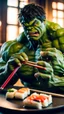 Placeholder: a hulk eating sushi with chopsticks, moody good best quality, full, beautiful light, raw photo, 8K UHD, police
