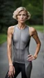 Placeholder: photography of a beautiful anorexic woman, grey satin triathlon top, sports illustrated, blond short wavy bob haircut, pronounced sternum, flat chest, anthracite cycling leggins