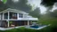 Placeholder: modern house by a big water falls in a karstic montain rain forest