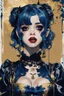 Placeholder: Poster in two gradually, a one side malevolent goth vampire girl face and other side the Singer Melanie Martinez face, painting by Yoji Shinkawa, darkblue and gold tones,