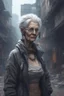 Placeholder: cyberpunk saggy granny woman, abandoned sci-fi town, future, sci-fi