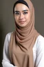 Placeholder: a muslim woman, fair skin, Malay race, standing posture, young executive