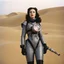 Placeholder: Dune movie by Russ Meyer, psychedelic tattooed Kat Dennings in technical Stillsuits with tubes and binoculars: she is lost in the dunes, vintage 1970's photo