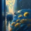 Placeholder: morning, window, rain, blue, flowers in the road, city, crowd, cars, sunlight, golden