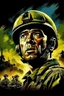 Placeholder: A movie poster of a is an American soldier ground down level camera view looking up camera shots in the style of oil painting