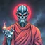 Placeholder: retro anime style, full color, dark serious 1980s anime terminator like robot, moebius artist, magic, watercolor, buddist monk robe,