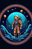 Placeholder: An astronaut looking at the porthole an unknown planet in the deep space. Pixel art