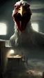 Placeholder: Generate a spine-chilling horror scene featuring a chicken monster as if it's a character from a terrifying movie, with eerie lighting and a haunting atmosphere , photo / ultra realistic."