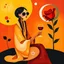 Placeholder: create an abstract surreal gouache painting inspired by Joan Miró, with symbolic shapes suggesting a woman in a robe with braided hair and sunglasses, sitting near a red rose, holding a glass of wine, abstract floating forms and playful cosmic shapes in a golden-red sunset palette --ar 16:9 --v 7 --style 4b --q 2