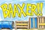 Placeholder: a drawing with sketch lead pencil, The word "BAXER" in yellow floating like a big sign, strong painting, strong expression, BAXER!, BAXER! the word Baxer, WOODEN CRATES AND BLUE BARRELS