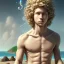 Placeholder: intricate, sharp focus, illustration, highly detailed, digital painting, germ and Paul Lewin and Kehinde Wiley, full body image of a beautiful 12 year old boy with long, blonde curly hair and light blue eyes, smiling, shirtless, in front of an distant beach