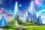 Placeholder: fairy and cosmic landscape with blue grass, magic plants, sky with light and stars. fairy white little castle with diamond. a big with bright spaceship with light