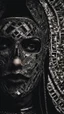 Placeholder: Medium close shot, a horror business punk is wearing a mirrored mosaic tile mask, ornate and shiny, intricate details, long exposure leading to the backdrop of a horrific sewer system, black tones