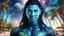 Placeholder: beautiful gorgeous young man na'vi with long hair, Avatar, blue skin, two small ears, green eyes, black hair, in cosmic suit, galactic ambiance, smiling, with spaceship and planets and palm trees and clear crystaline cosmic beach in background