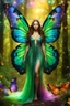 Placeholder: Gorgeous Photography Ultra Realistic Natural Beautiful Butterflies woman straddle wings with gown shiny brown flowing hair, glitter colorful Butterflies wings, lovely glowing green eyes, surrounded by magical colorful forest and flickering lights, digital photography, kaleidoscope, vibrant colors, vivid colors, colorful,in magic forest full sparkling light