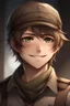 Placeholder: 1boy, adult, white skin, HDR,UHD,8K, best quality, masterpiece, slender, Mashort eyebrows, parted lips, seductive smile, straight hair, asymmetrical hair, asymmetrical bangs, medium hair, brown hair, German man, military man