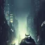 Placeholder: fat batman, dramatic light, cityscape, twilight, dystopian setting, high contrast, painted by greg rutkowski, cinematic