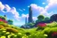 Placeholder: sunny day, clouds, city near the rocks, flowers, vegetation, sci-fi, epic