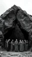 Placeholder: A depressing image, sad and emotional thought-provoking image of A rocky portal the world of gray. Several people standing in the color world begging those in the gray All the people in the gray world are shades of grayscale. The 10 people in the gray are all sad and depressed several crying and weeping. Those beyond the portal in the color world are living and joyful.