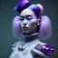 Placeholder: Cyber teenager, color makeup, purple hair, rounded face, geisha style hair, white skin, pattern dress, velvet, vibrant color, cyberpunk style, highly detailed, art stations, concept art, smooth, unreal engine 5, god rays, ray tracing, RTX, lumen lighting, ultra detail, volumetric lighting, 3d, finely drawn, high definition, high resolution, gradient background